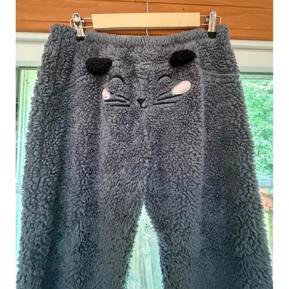 XOXO Dark Gray Sherpa Cat Face Fuzzy Lounge Joggers Pajamas Size M Kawaii Kitten
